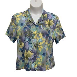 Sag Harbor Blouse Button-Up Womens Sz XL Multicolor Floral Short Sleeve Tie Back